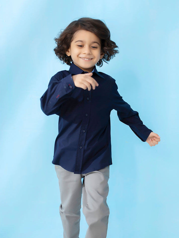 Navy Satin Long Sleeve Formal Shirt - Junior Brumano Pakistan