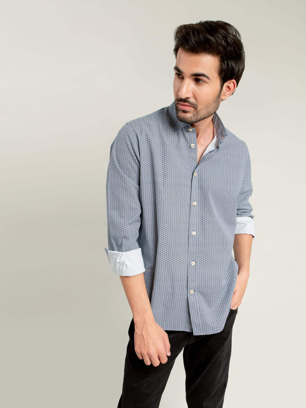 Navy & White Geometric Printed Shirt