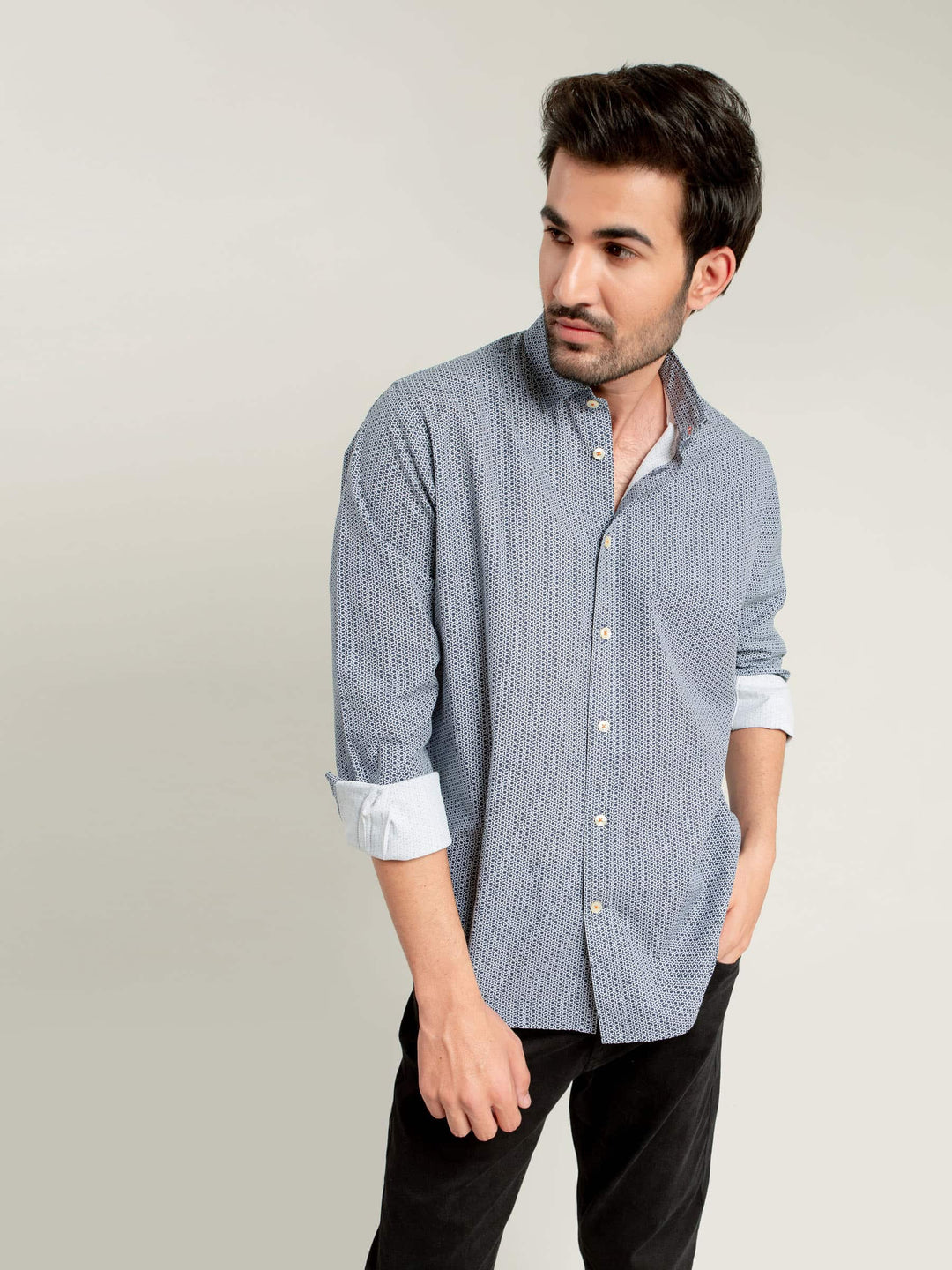 Navy & White Geometric Printed Shirt Brumano Pakistan