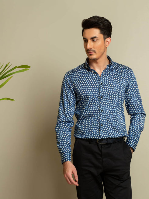 Navy & Yellow Floral Printed Shirt Brumano Pakistan