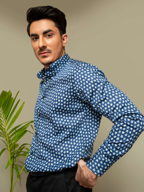 Navy & Yellow Floral Printed Shirt Brumano Pakistan