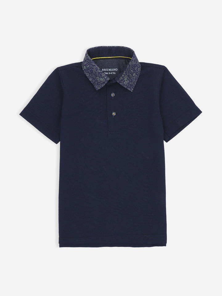 Navy Blue Casual Polo Shirt With Printed Floral Collar Brumano Pakistan