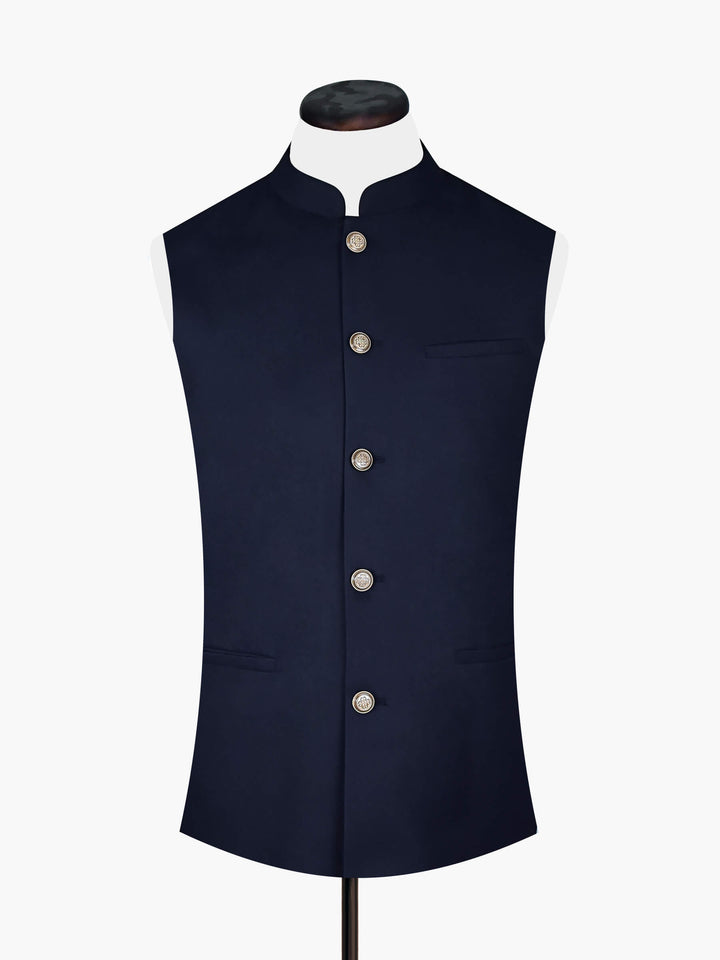 Navy Blue Formal Waistcoat With Brown Buttons Brumano Pakistan