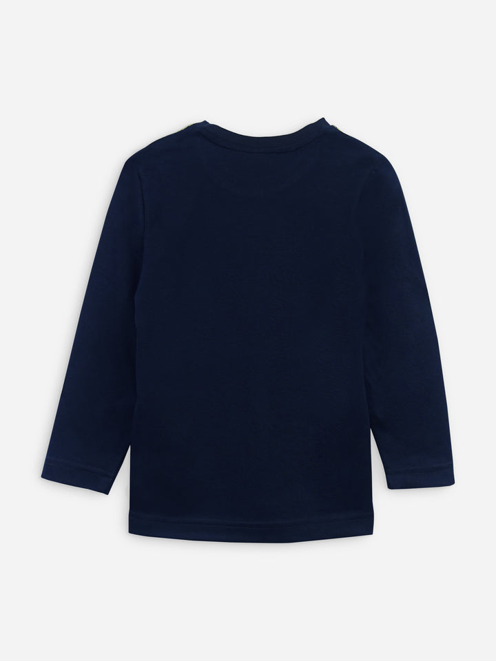 Navy Blue Long Sleeve Casual T-Shirt With Printed Pocket Brumano Pakistan