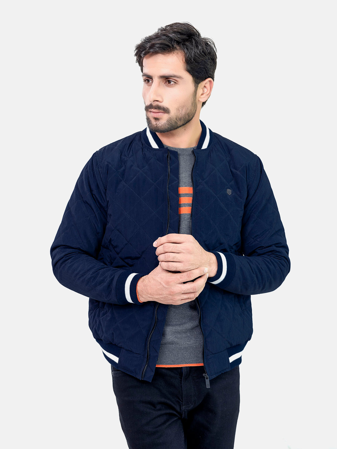 Navy Blue Quilted Sporty Bomber Jacket Brumano Pakistan