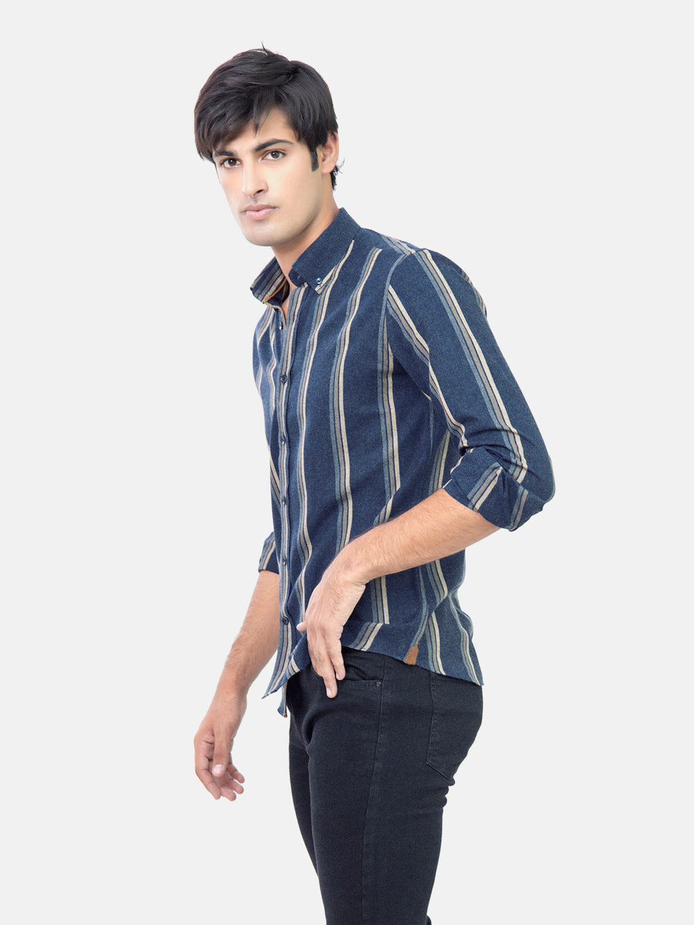 Navy Blue Striped Denim Shirt