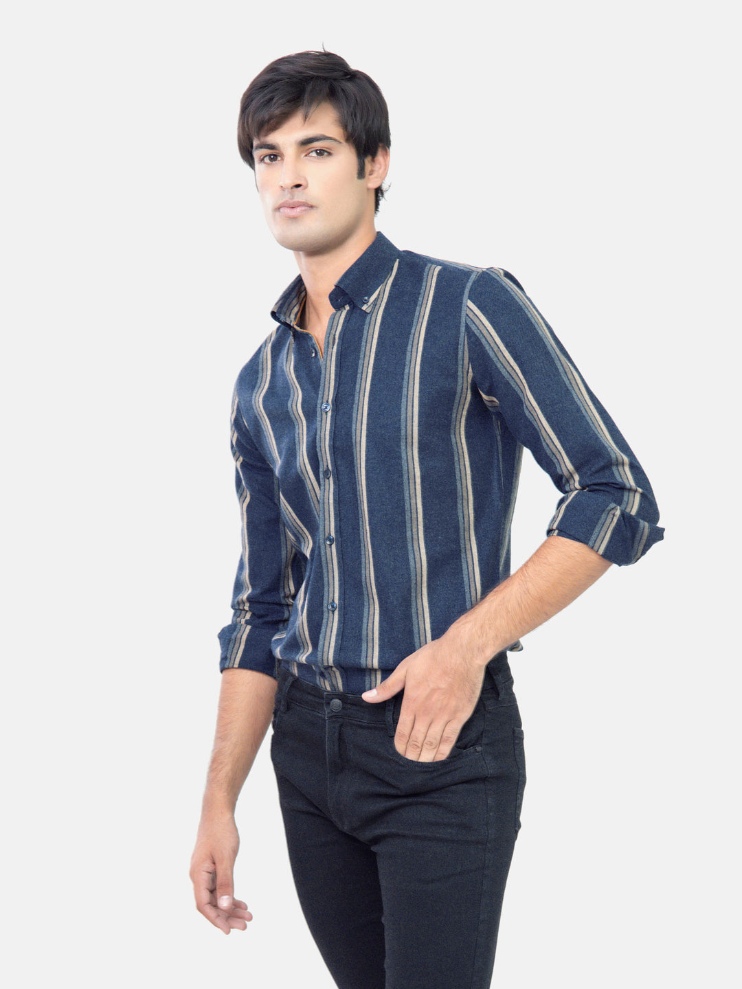 Navy Blue Striped Denim Shirt Brumano Pakistan