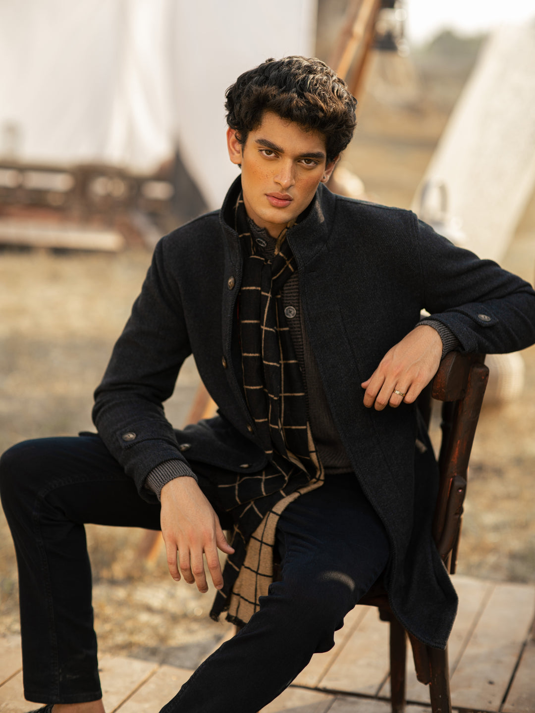 Navy Blue Wool Blended Long Coat - Limited Edition Brumano Pakistan