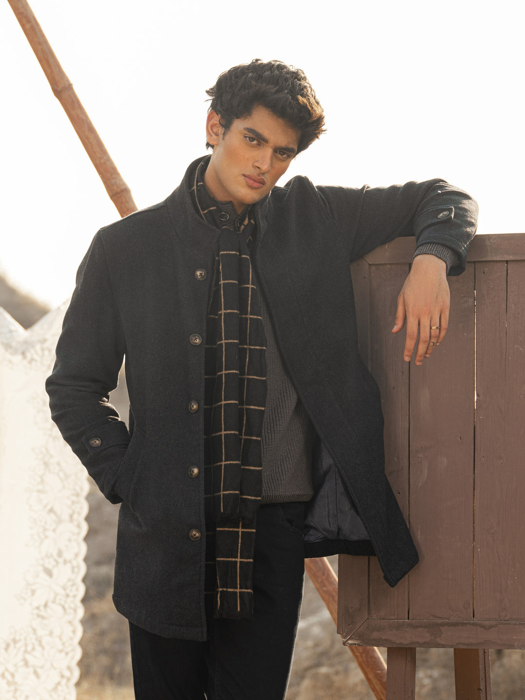 Navy Blue Wool Blended Long Coat - Limited Edition Brumano Pakistan