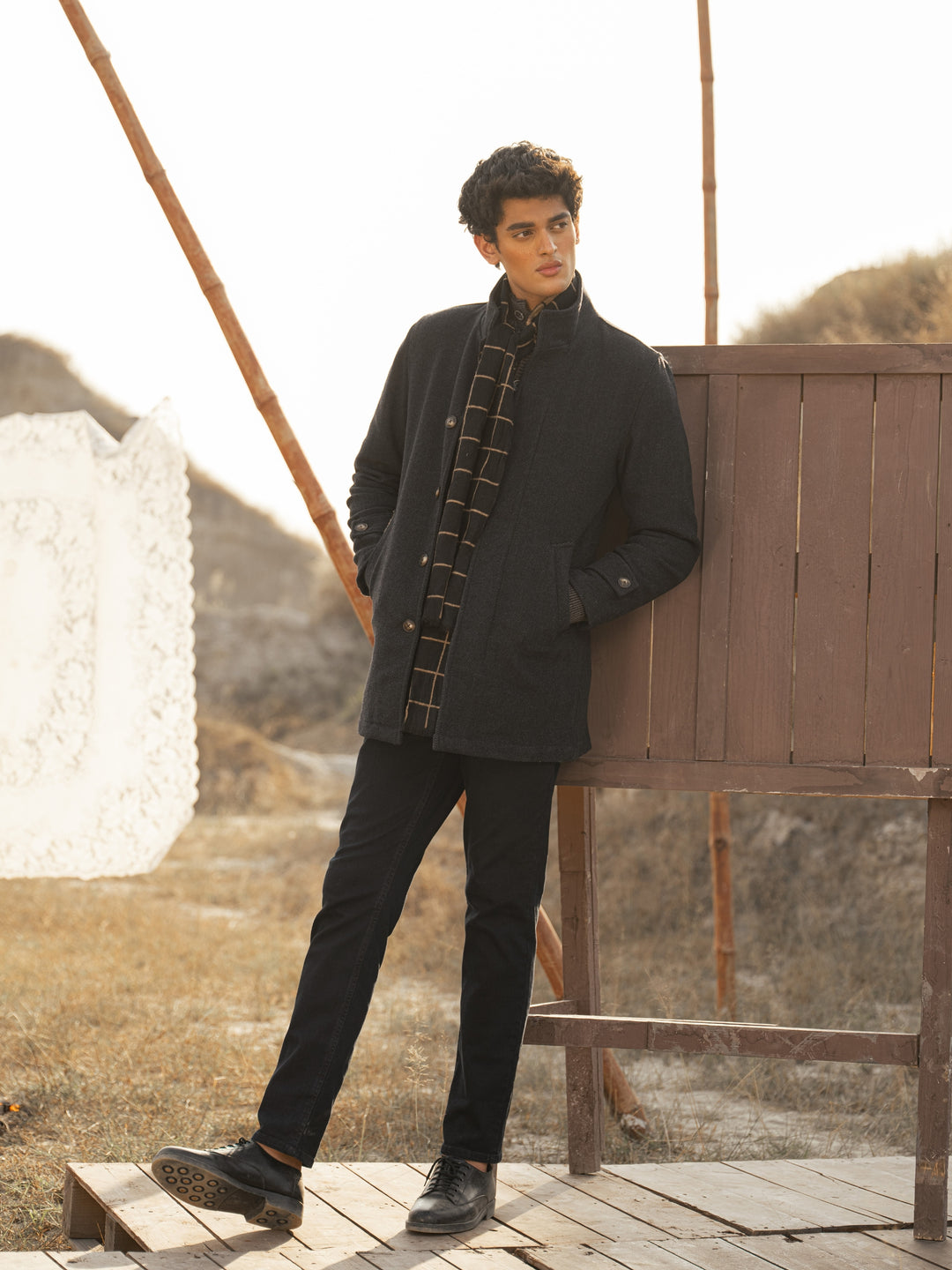 Navy Blue Wool Blended Long Coat - Limited Edition Brumano Pakistan