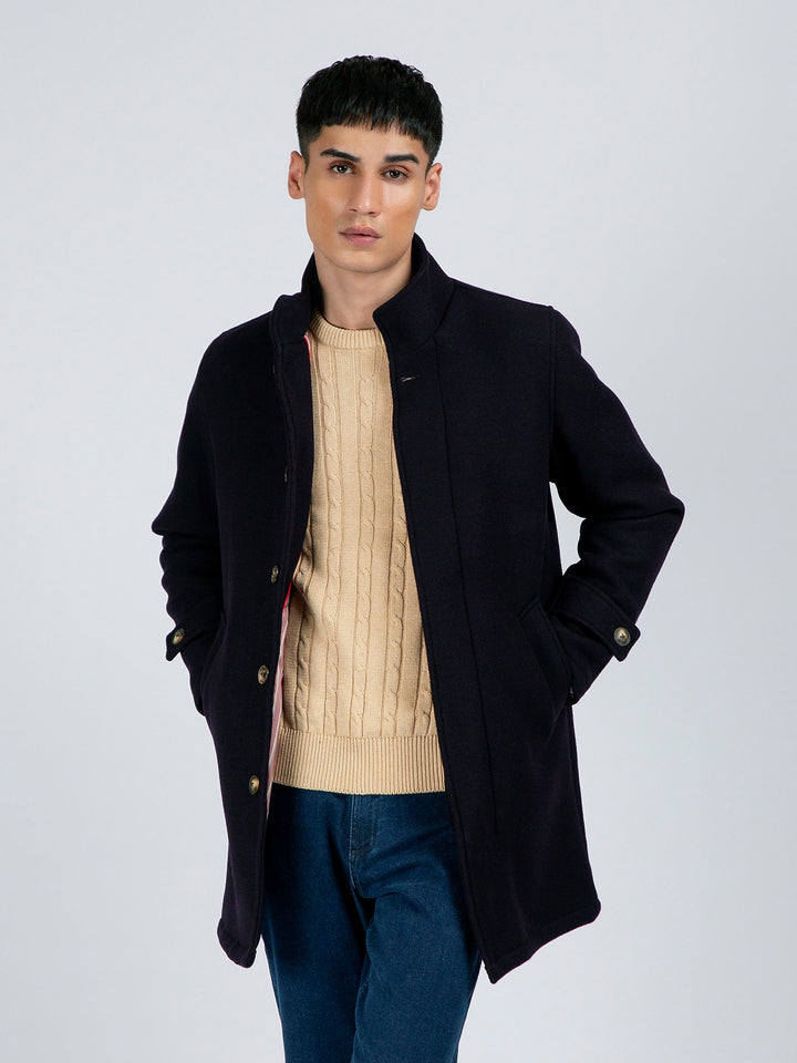 Navy Blue Wool Long Coat - Limited Edition Brumano Pakistan