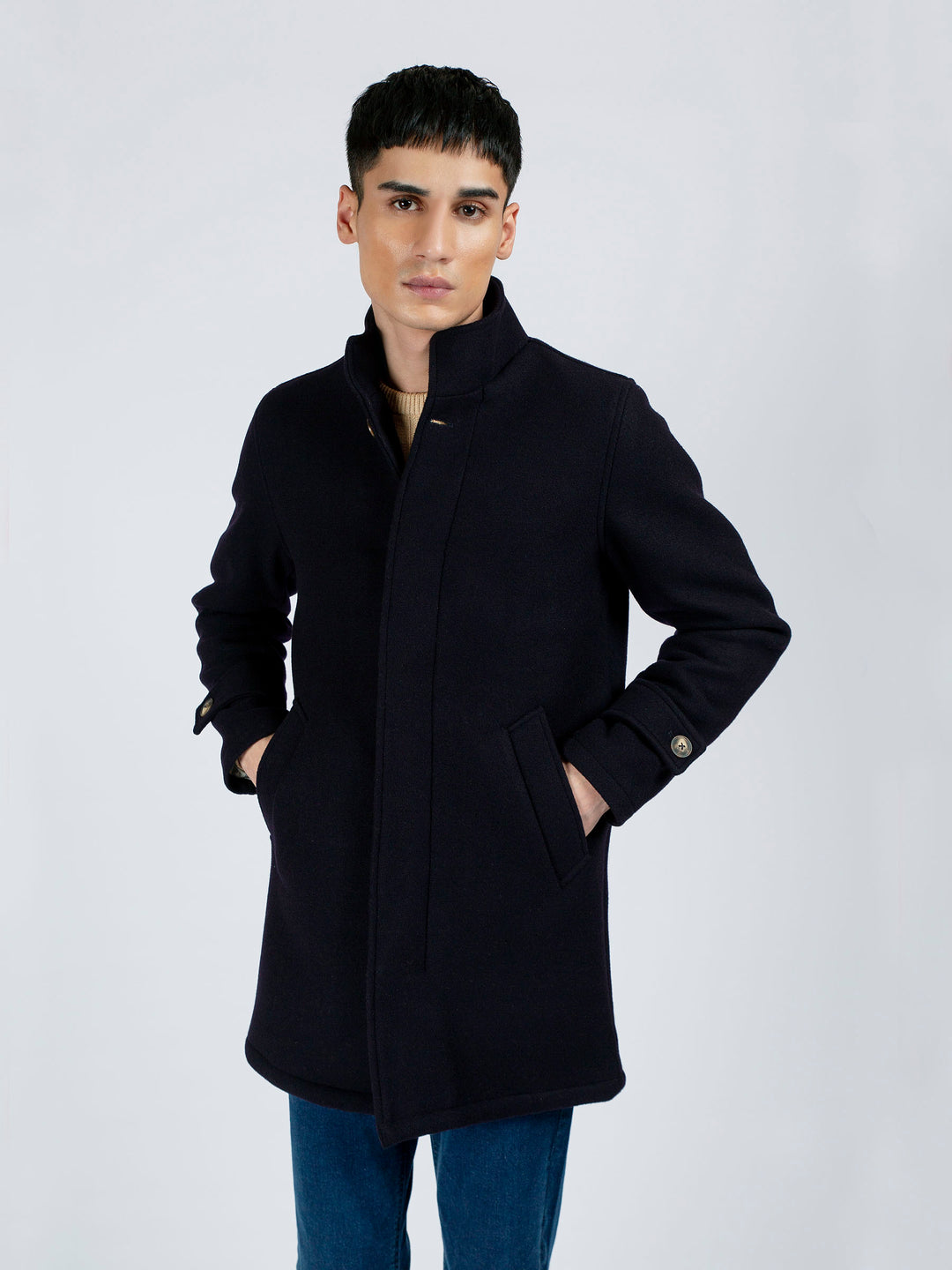 Navy Blue Wool Long Coat - Limited Edition Brumano pakistan