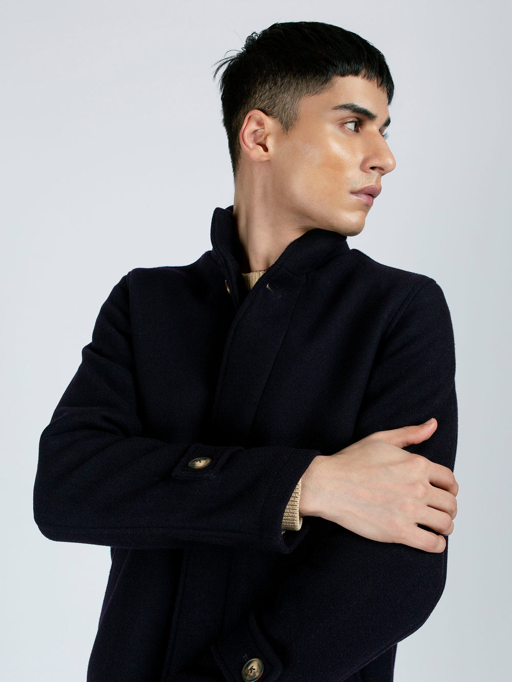 Navy Blue Wool Long Coat - Limited Edition