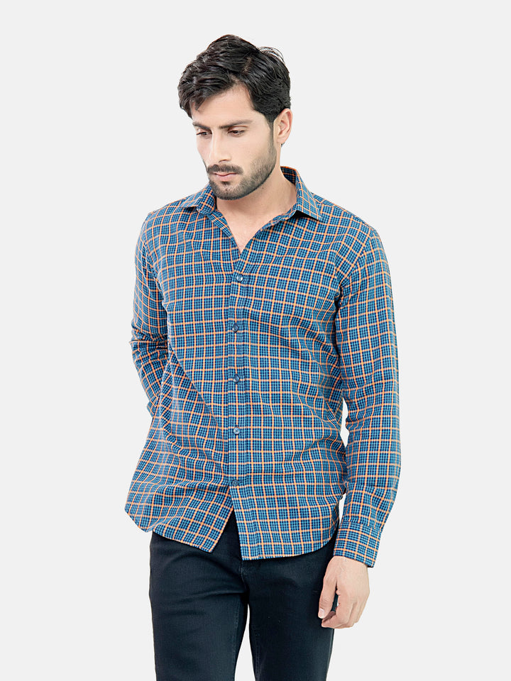 Navy Blue & Orange Flannel Checkered Shirt Brumano Pakistan 