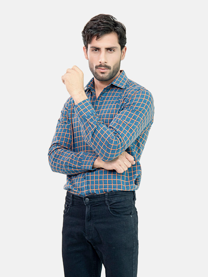 Navy Blue & Orange Flannel Checkered Shirt Brumano Pakistan 