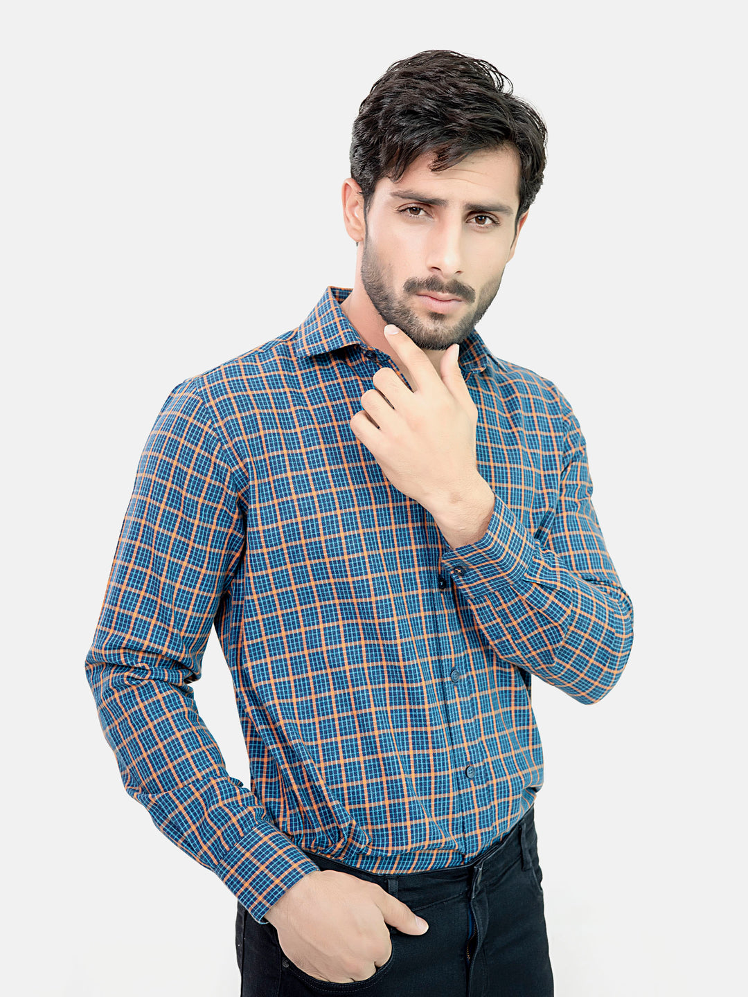 Navy Blue & Orange Flannel Checkered Shirt Brumano Pakistan 