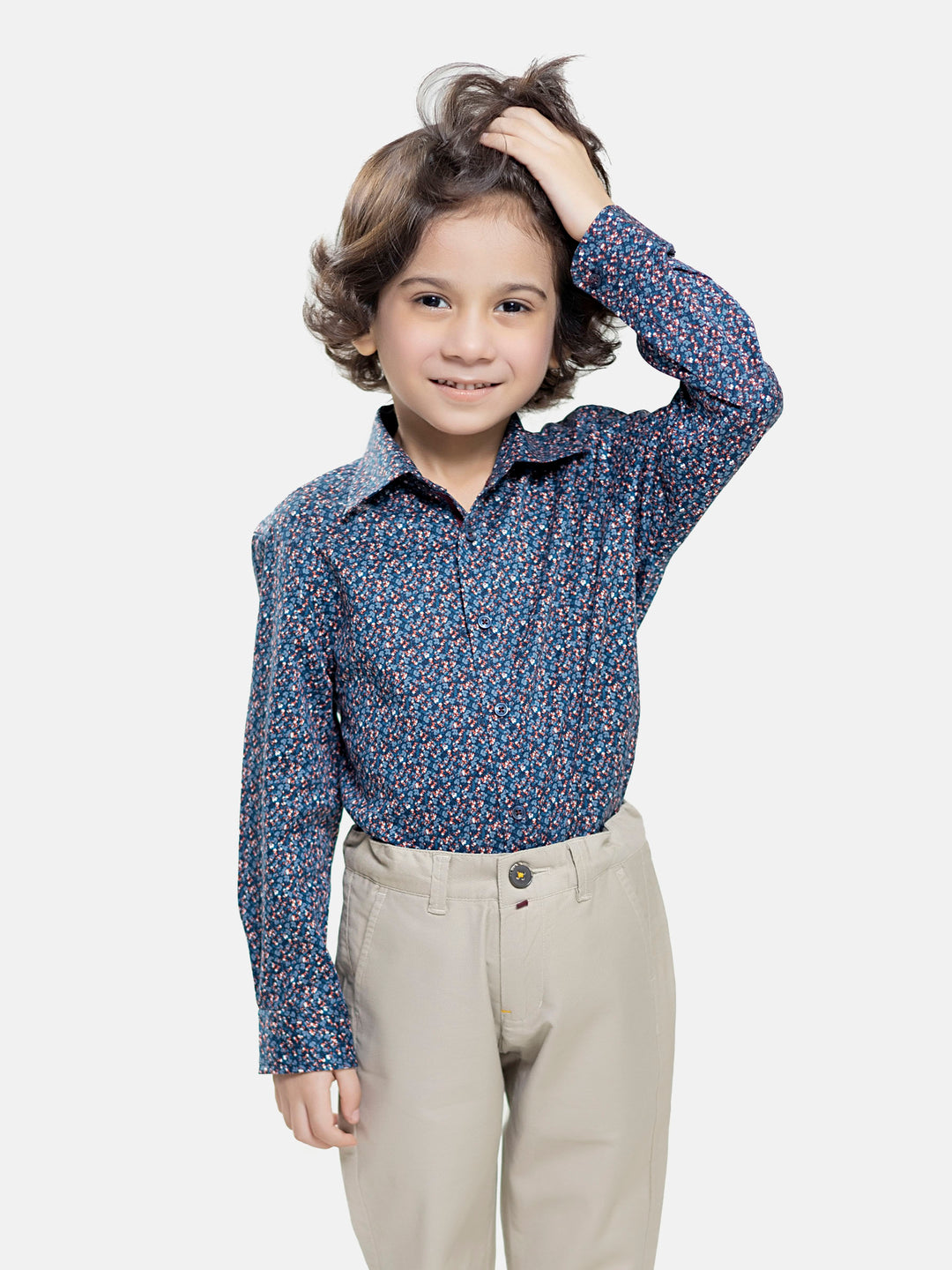 Navy Blue & Red Floral Printed Long Sleeve Casual Shirt  Brumano Pakistan