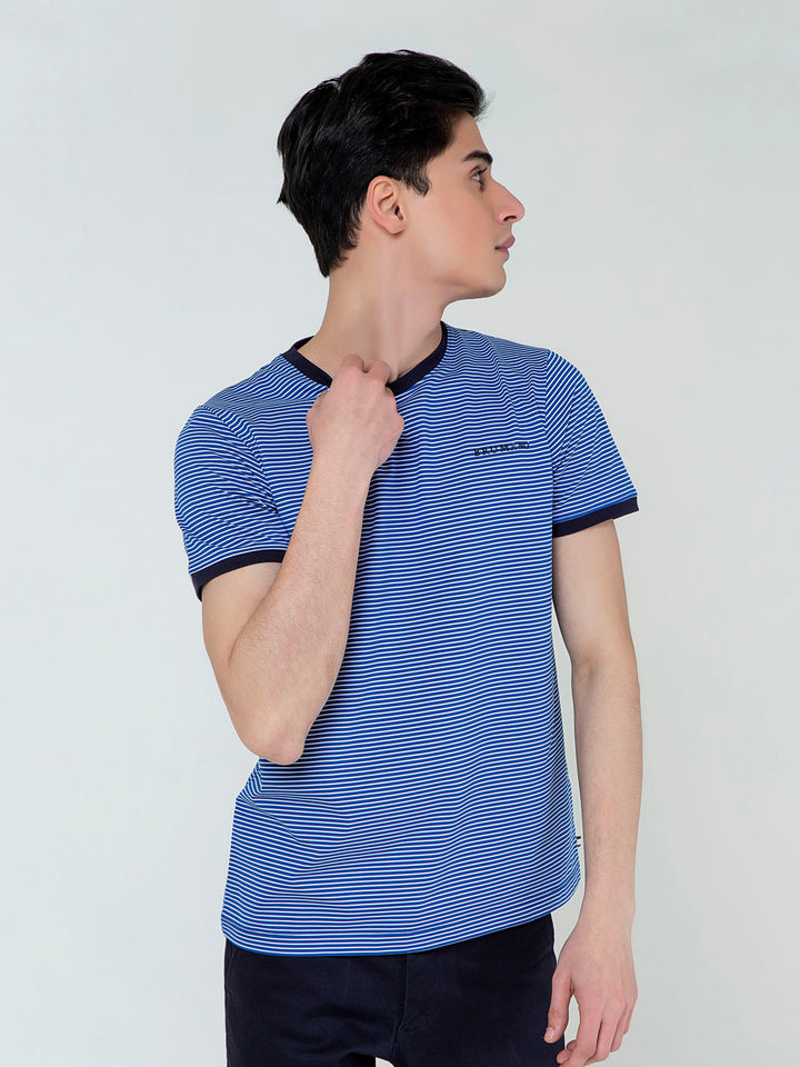 Navy Blue & White Striped Crew Neck T-Shirt Brumano Pakistan