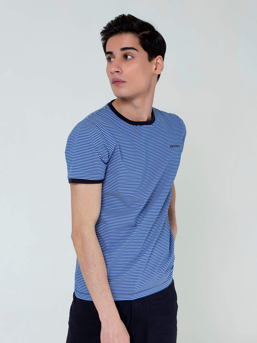 Navy Blue & White Striped Crew Neck T-Shirt Brumano Pakistan