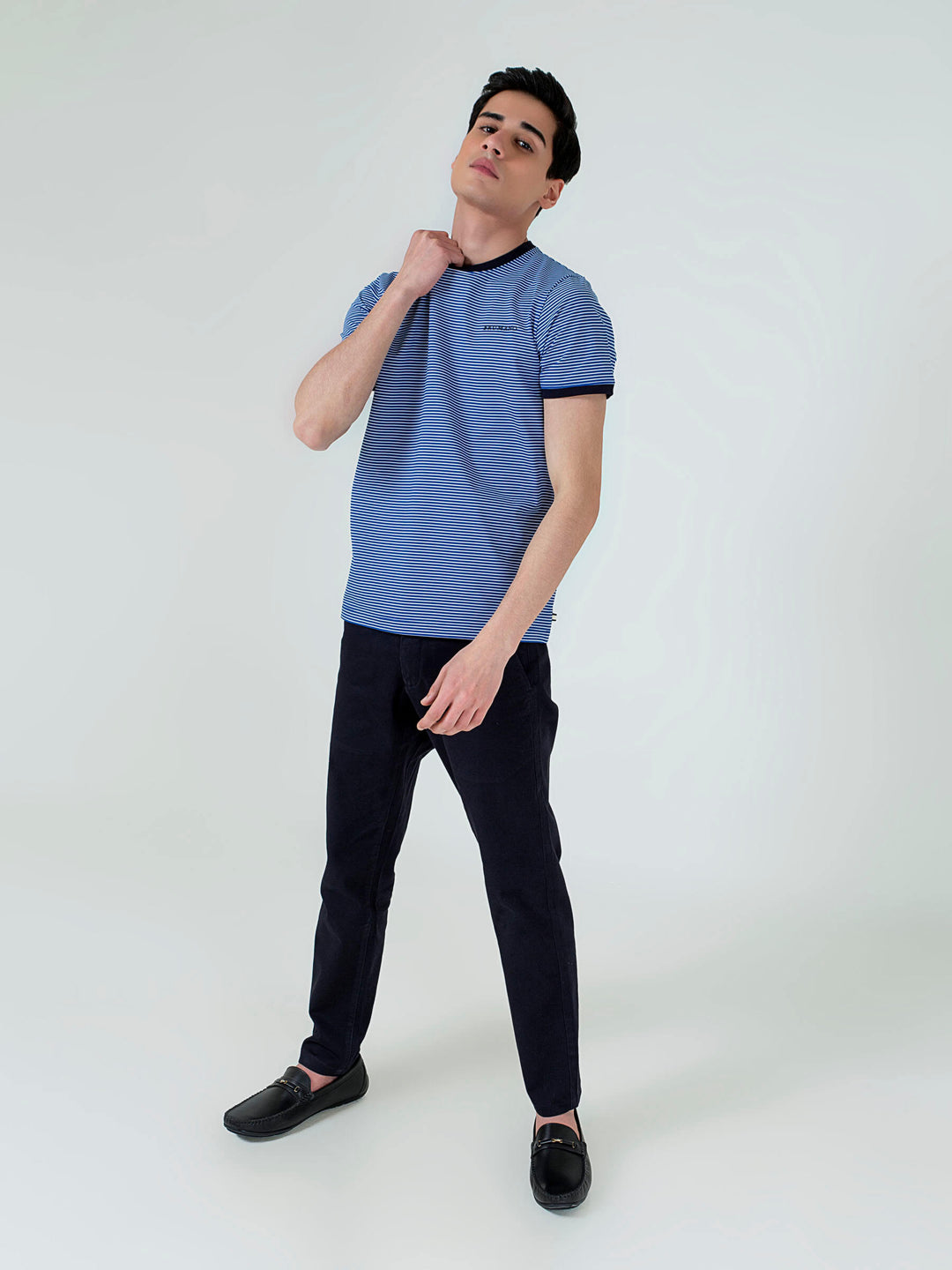 Navy Blue & White Striped Crew Neck T-Shirt Brumano Pakistan