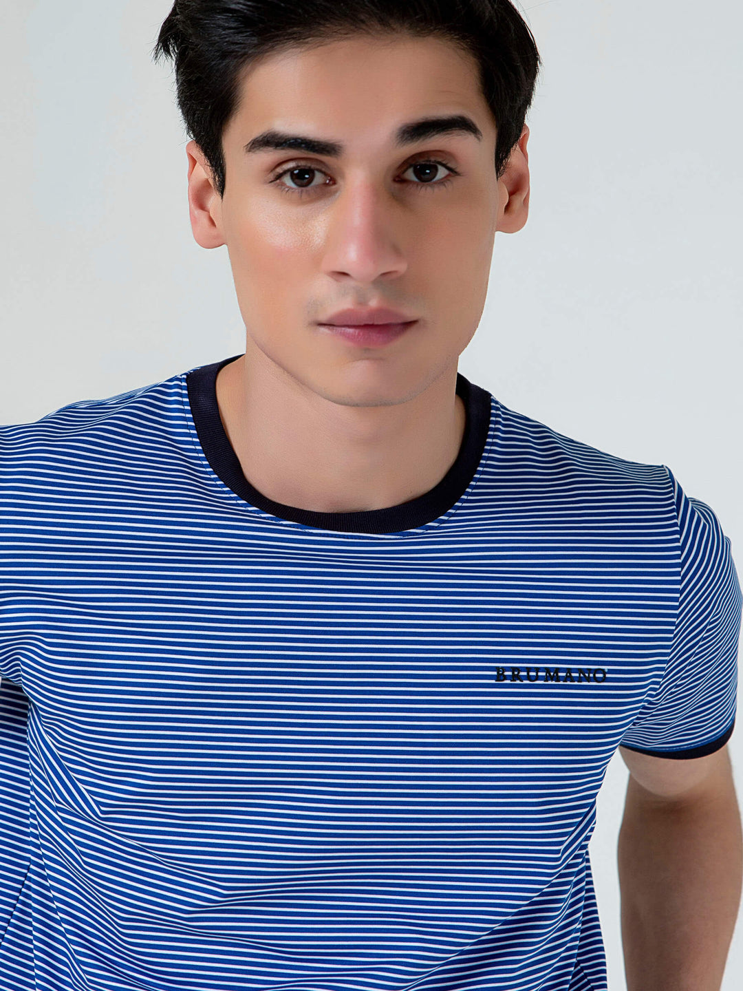 Navy Blue & White Striped Crew Neck T-Shirt Brumano Pakistan