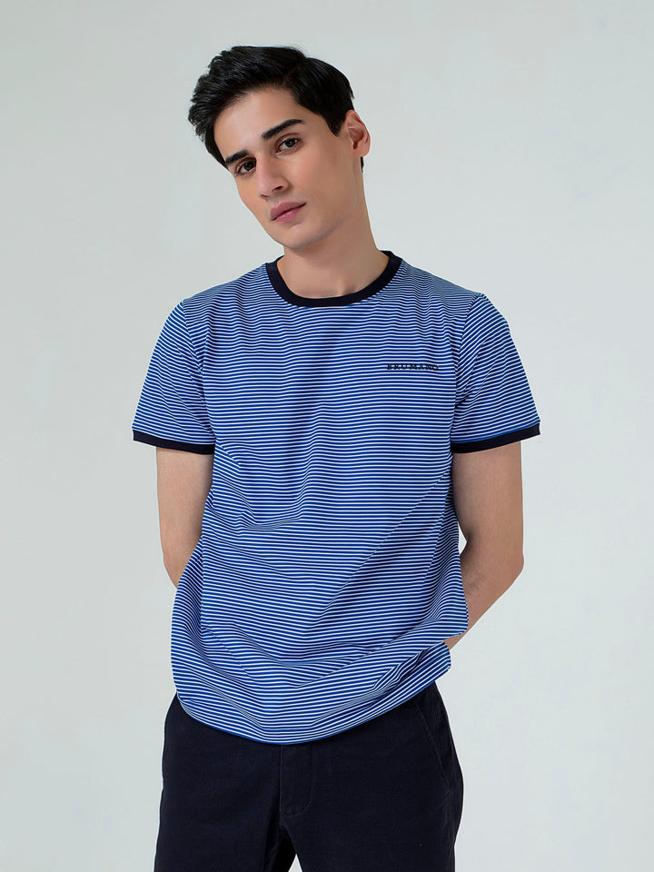 Navy Blue & White Striped Crew Neck T-Shirt Brumano Pakistan