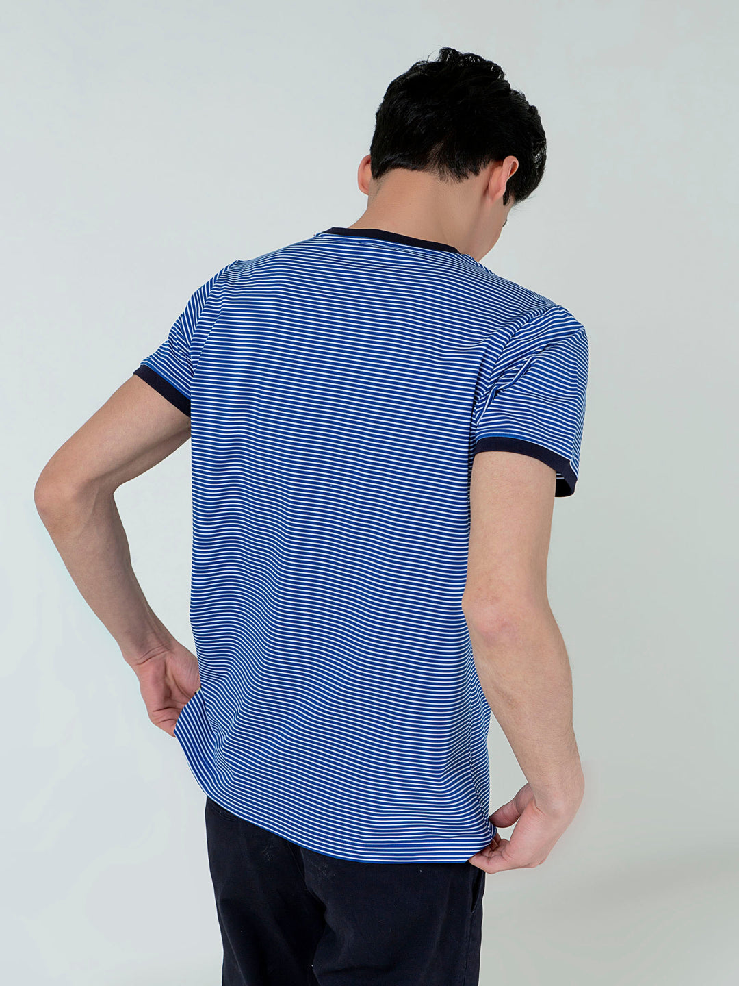 Navy Blue & White Striped Crew Neck T-Shirt Brumano Pakistan