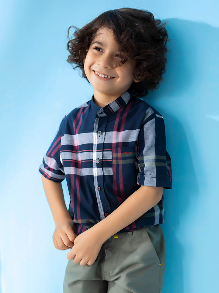 Navy Checkered Mao Collar Casual Short Sleeve Shirt Brumano Pakistan