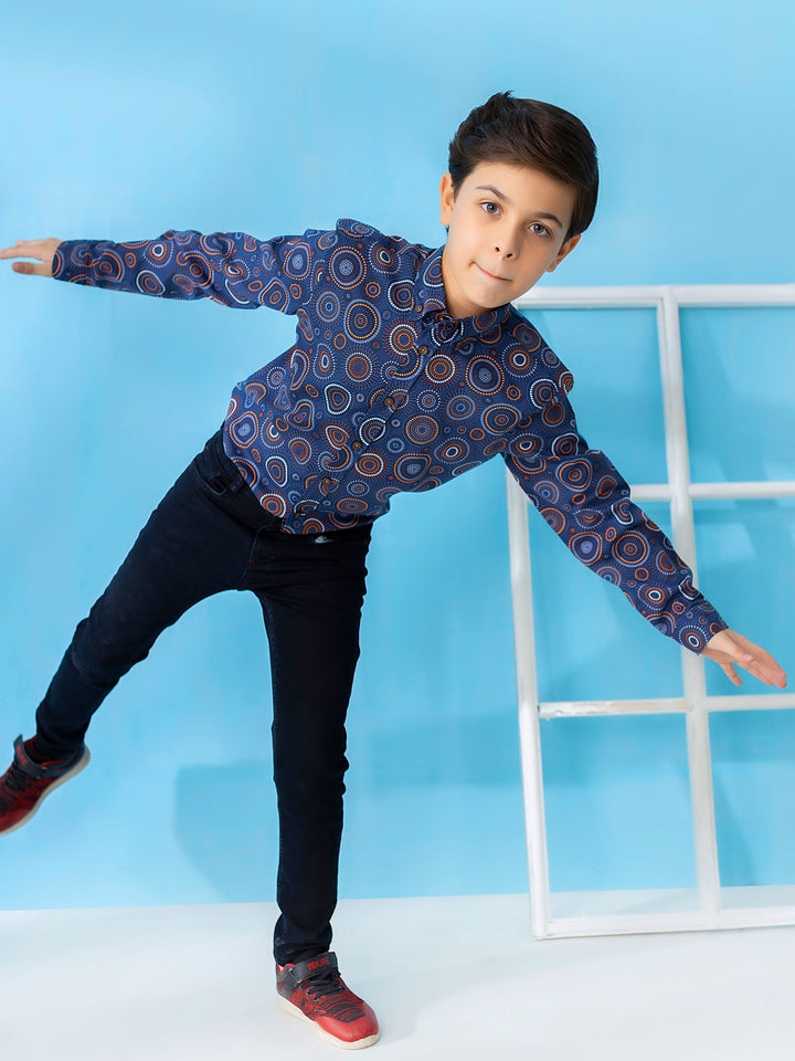 Navy & Orange Circle Printed Casual Shirt Brumano Pakistan