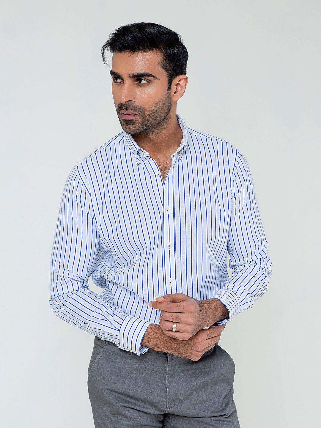 Navy blue & White Striped Button Down Shirt Brumano Pakistan