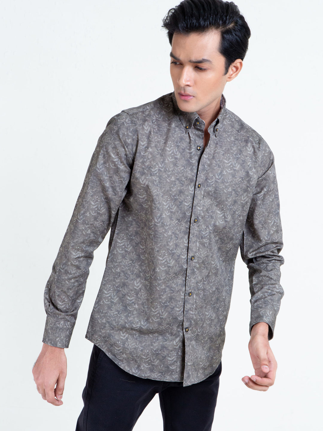 Olive Green Floral Print Shirt With Detailing Brumano Pakistan
