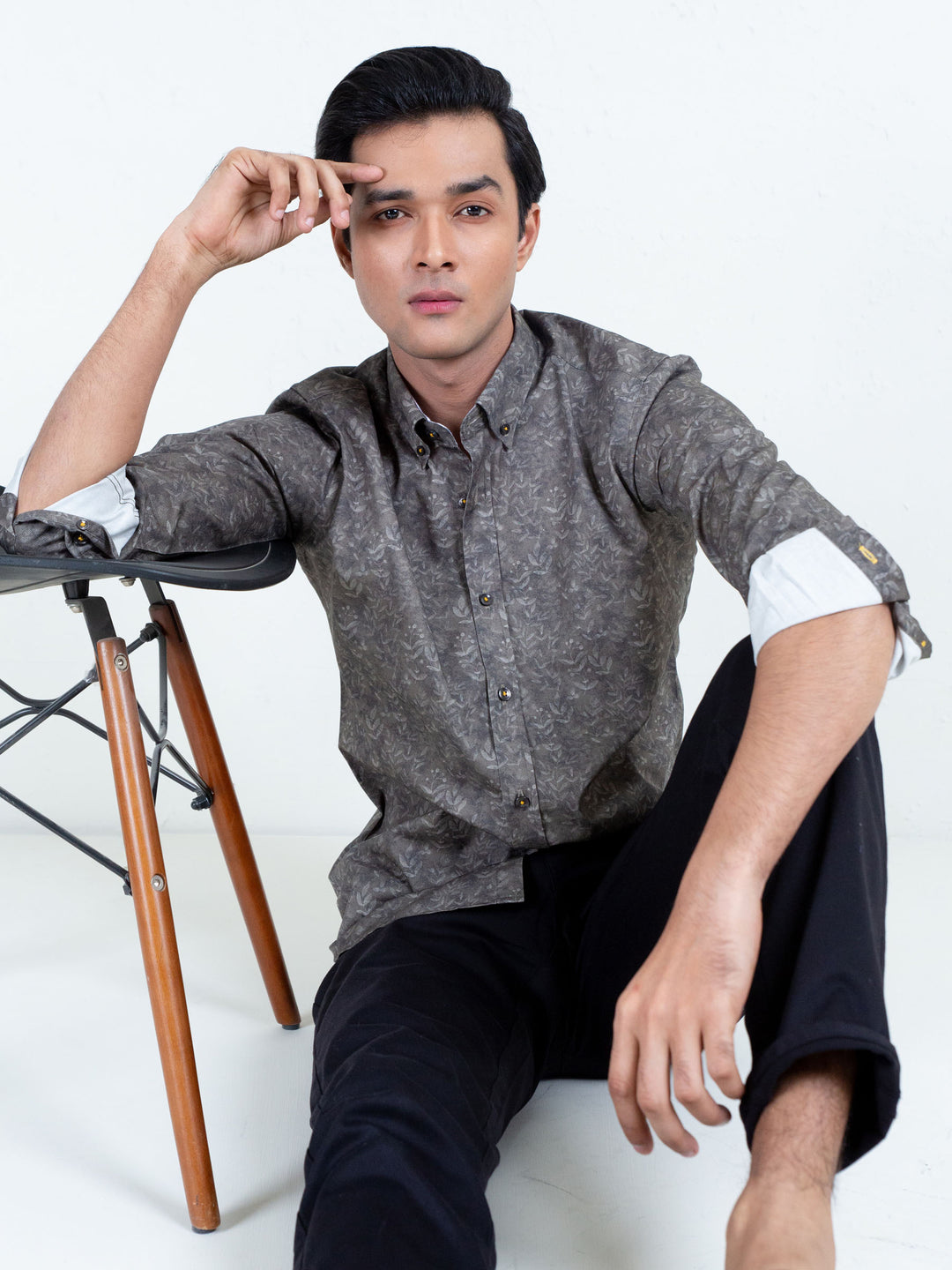 Olive Green Floral Print Shirt With Detailing Brumano Pakistan