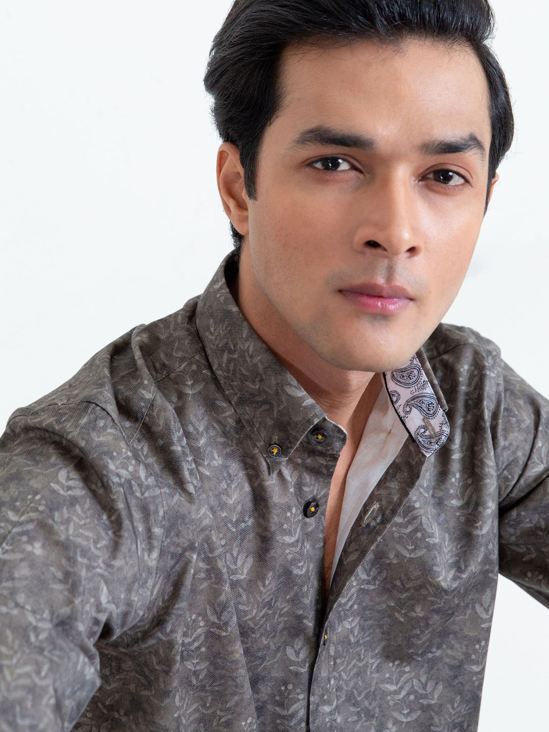 Olive Green Floral Print Shirt With Detailing Brumano Pakistan
