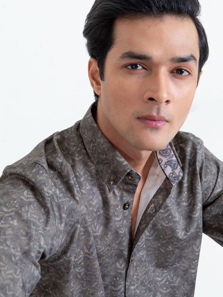 Olive Green Floral Print Shirt With Detailing Brumano Pakistan