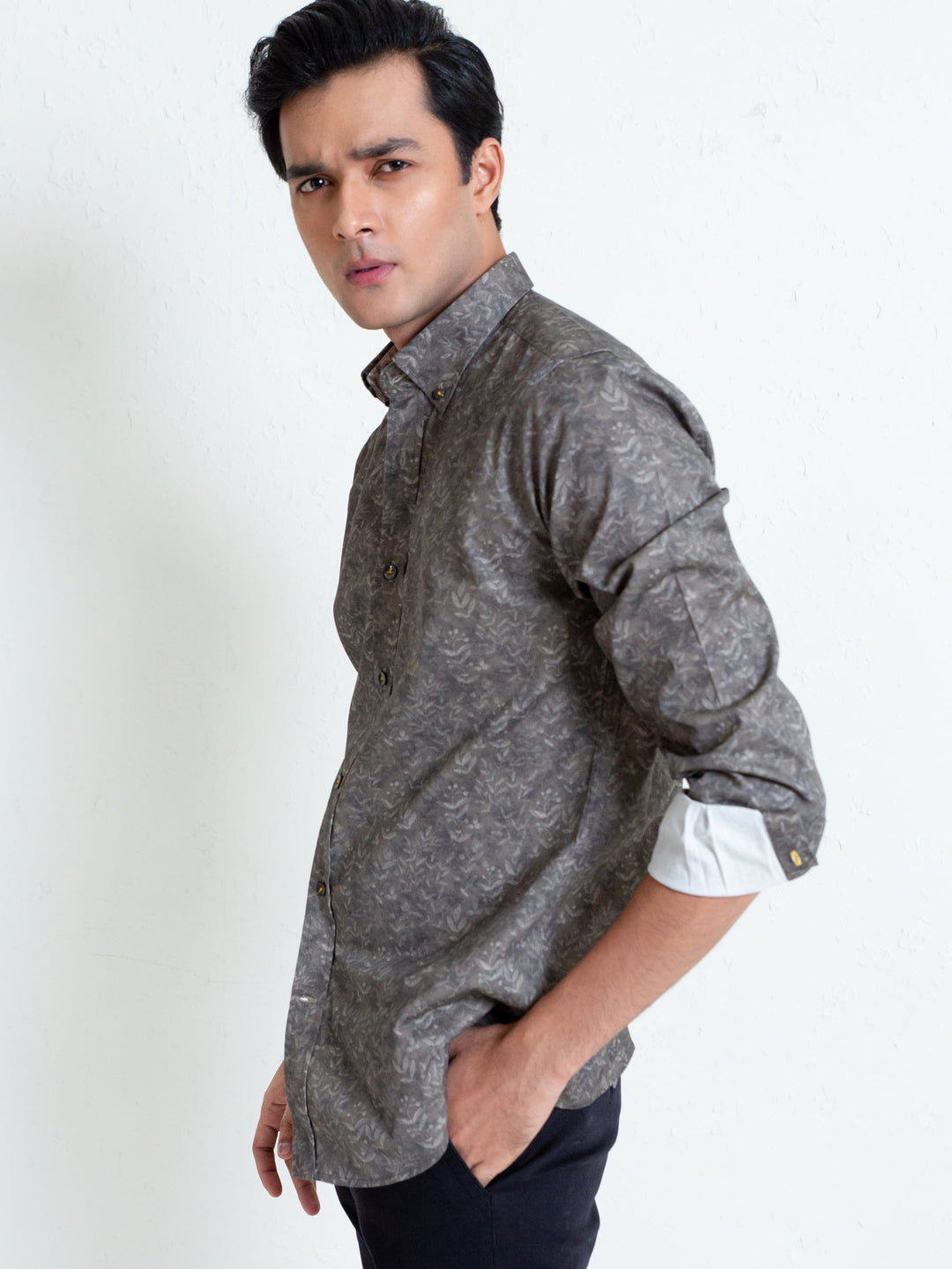 Olive Green Floral Print Shirt With Detailing Brumano Pakistan