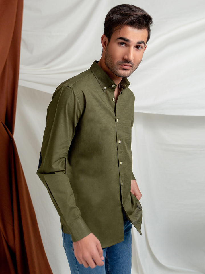 Olive Green Slub Shirt With Elbow Patch Brumano Pakistan