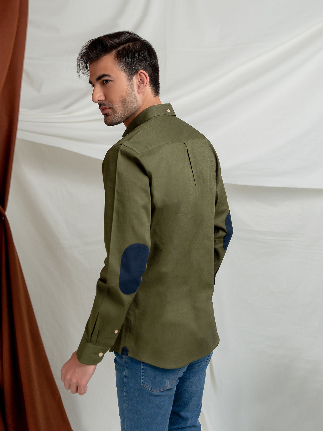 Olive Green Slub Shirt With Elbow Patch Brumano Pakistan