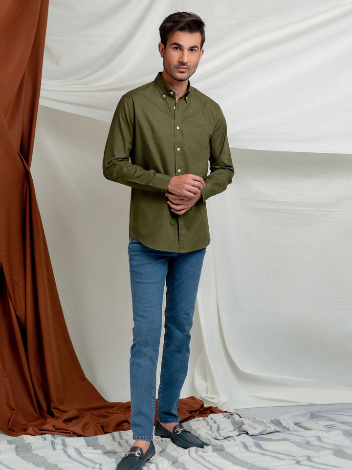 Olive Green Slub Shirt With Elbow Patch Brumano Pakistan