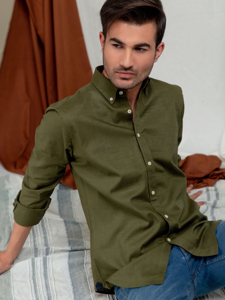 Olive Green Slub Shirt With Elbow Patch Brumano Pakistan
