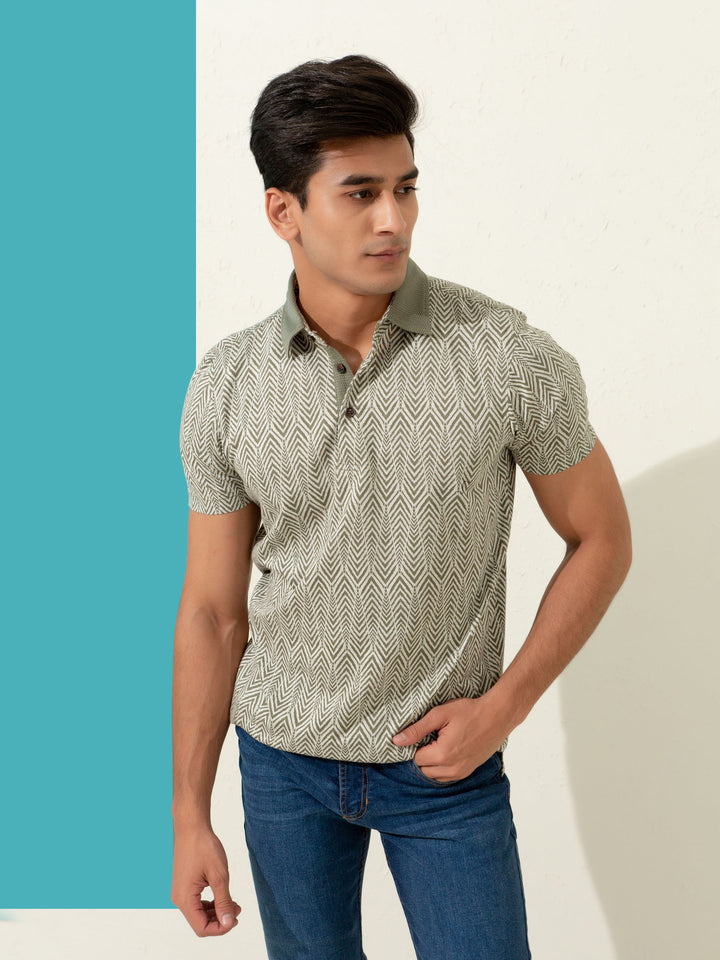 Olive Jacquard Zig-Zag Patterned Polo Brumano Pakistan