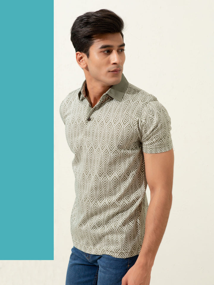 Olive Jacquard Zig-Zag Patterned Polo Brumano Pakistan