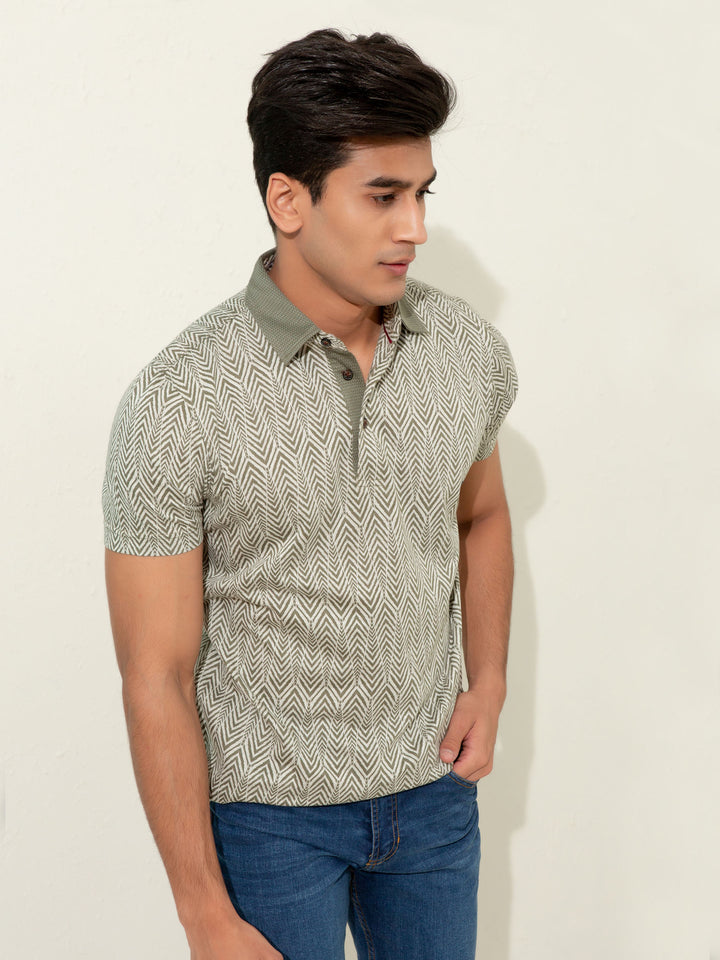 Olive Jacquard Zig-Zag Patterned Polo Brumano Pakistan