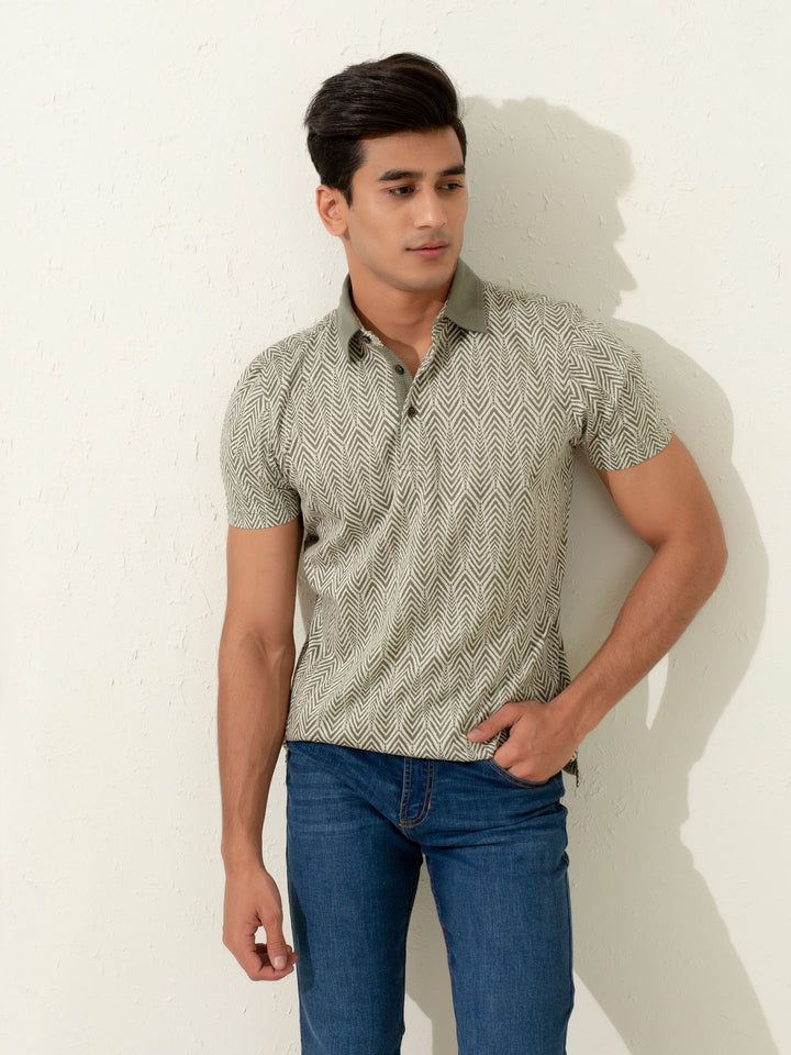 Olive Jacquard Zig-Zag Patterned Polo Brumano Pakistan