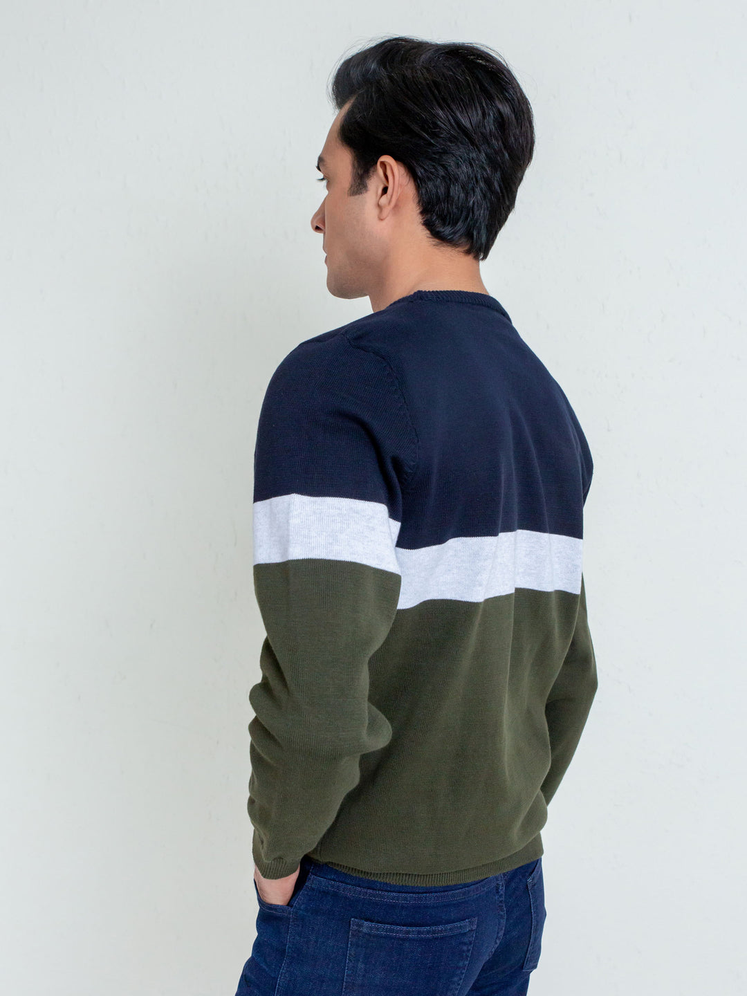 Olive & Navy Striped Crew Neck Sweater Brumano Pakistan