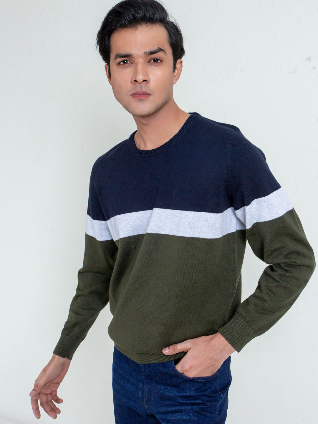 Olive & Navy Striped Crew Neck Sweater Brumano Pakistan