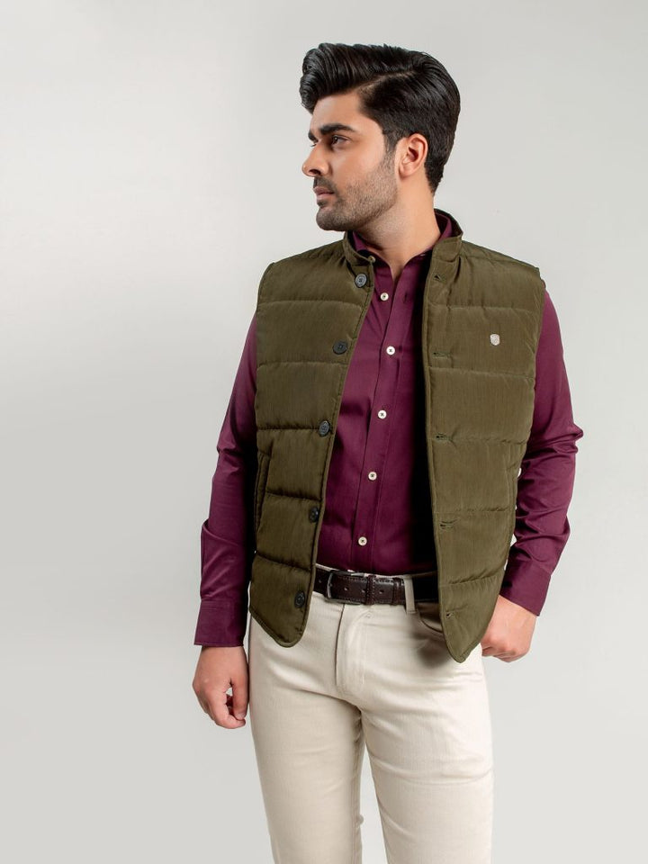 Olive Quilted Sleeveless Vest With Leather Detailing Brumano Pakistan