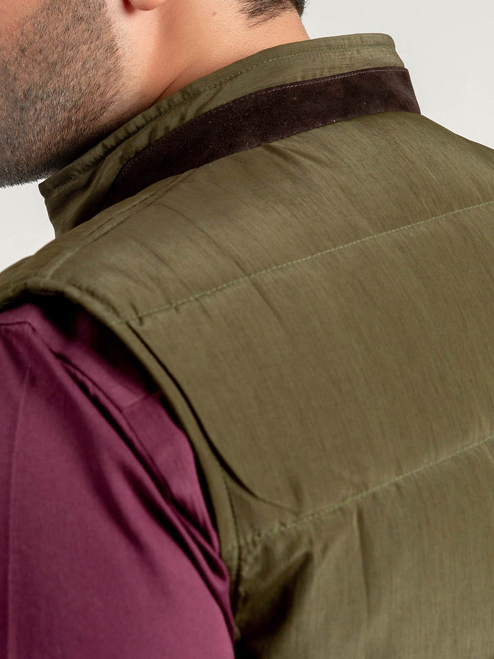 Olive Quilted Sleeveless Vest With Leather Detailing Brumano Pakistan