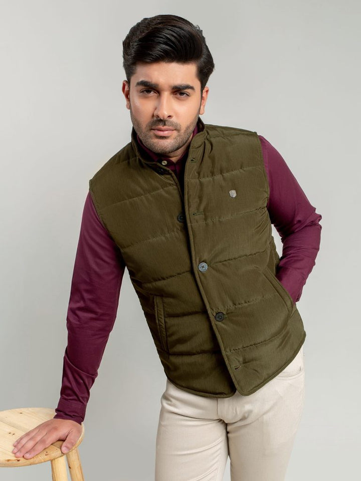 Olive Quilted Sleeveless Vest With Leather Detailing Brumano Pakistan