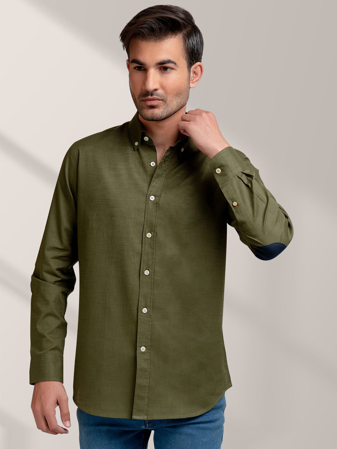 Olive Green Slub Shirt With Elbow Patch Brumano Pakistan