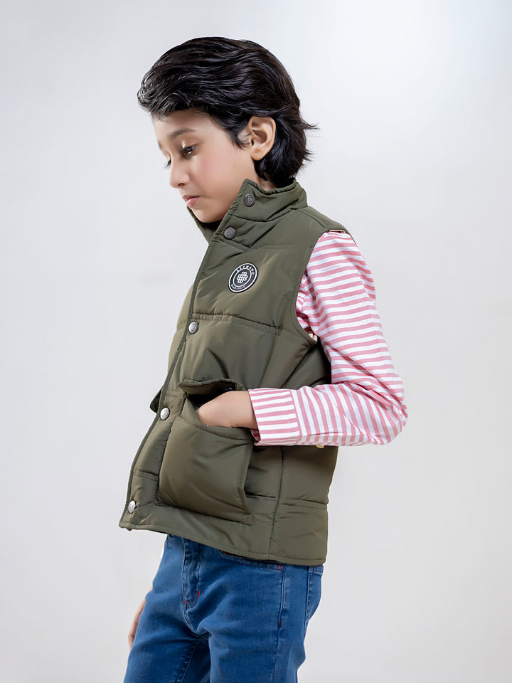 Olive Sleeveless Buttoned Casual Gilet Bumano Pakistan